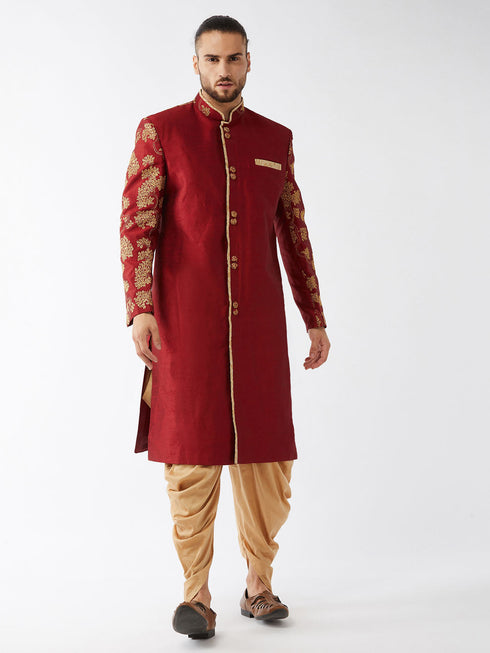 Vastramay Men's Maroon And Gold Silk Blend Sherwani Set